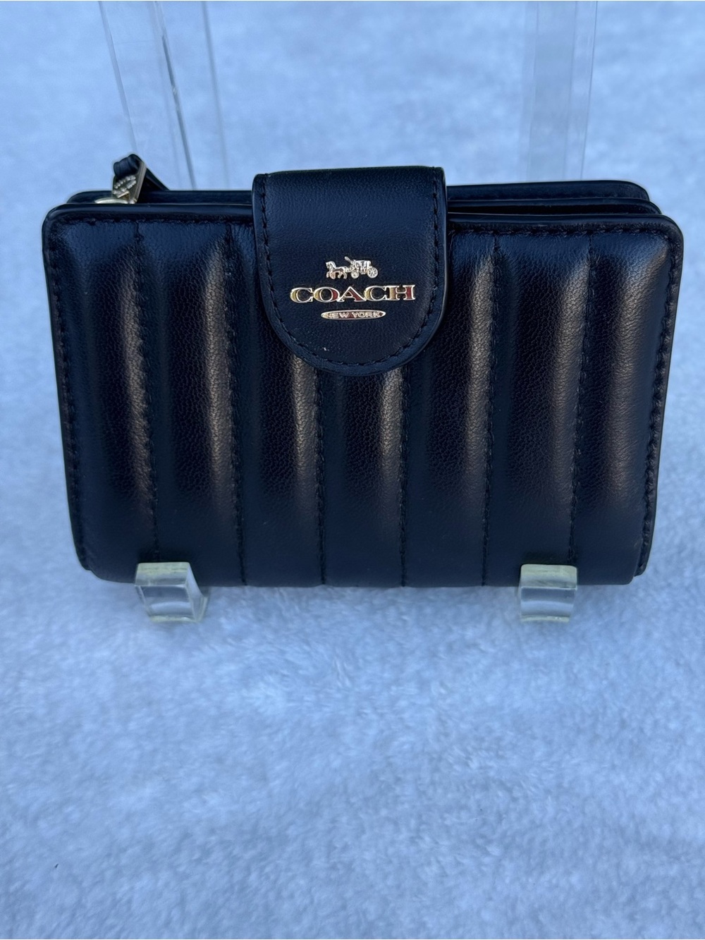 Coach Quilted Leather Compact Wallet - Black with Gold Logo
